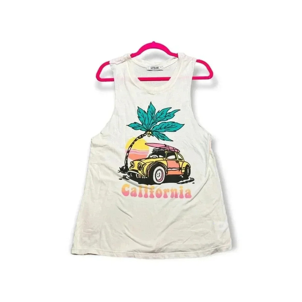 Letluv Anthropologie Womens White Bug Car Caliifornia Tank Top Sz S Beach Summer